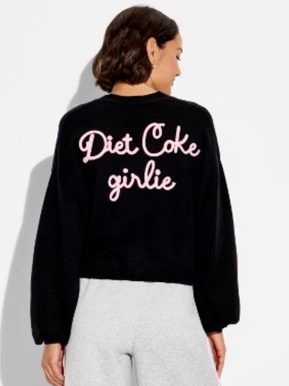 Diet Coke Women's Black Bow Button Embroidered Cropped Cardigan Sweater Sz S NWT